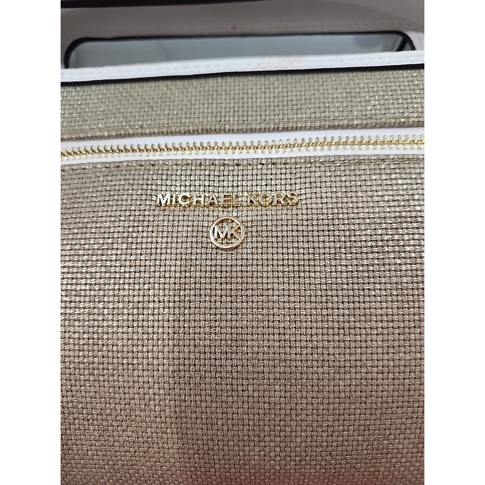 MICHAEL KORS Jane Large Cotton Canvas Clutch Metallic Optic White EUC - Picture 2 of 7